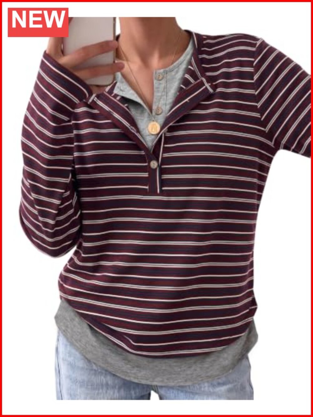 Women's Striped Henley Sweatshirt 2-in-1 Long Sleeve Loose Fit
